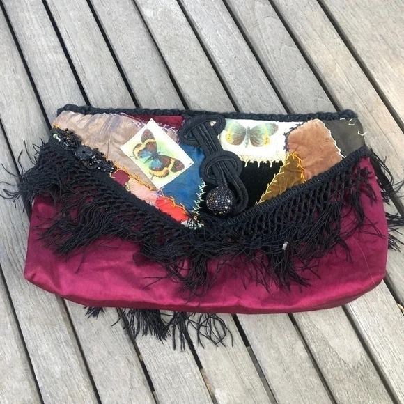 Vintage Boho Art to Wear Hand Crafted Patchwork Butterfly Evening Bag - Picture 4 of 6